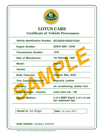 Certificate of Provenance Lotus Cars Certificate of Provenance Lotus Cars